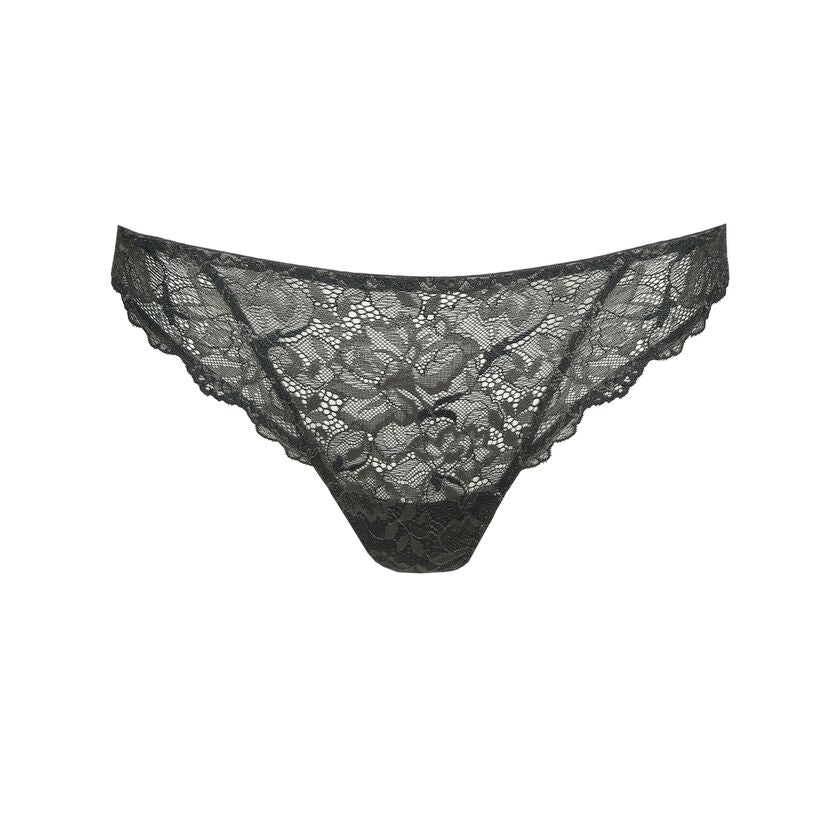 Flat lay of the Marie Jo Manyla Thong in Night Grey, soft floral lace.