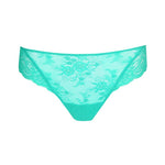 Flat lay of Marie Jo Melipha Thong in Vivid Green, highlighting delicate all-over floral lace and modern cut.