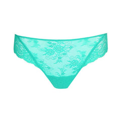 Flat lay of Marie Jo Melipha Thong in Vivid Green, highlighting delicate all-over floral lace and modern cut.