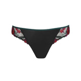 Marie Jo Yoly Thong Brief in Jewel Green with floral embroidery, tulle back, and microfiber front panel.