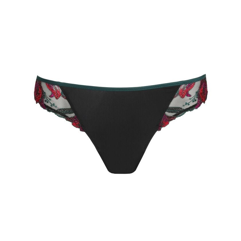Marie Jo Yoly Thong Brief in Jewel Green with floral embroidery, tulle back, and microfiber front panel.