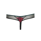 Marie Jo Yoly Thong Brief in Jewel Green with floral embroidery, tulle back, and microfiber front panel.