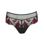 Marie Jo Yoly Luxury Thong Brief in Jewel Green with fuchsia embroidery and lace trim, sheer panels and delicate detailing.