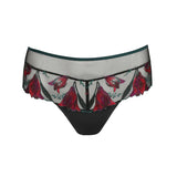 Marie Jo Yoly Luxury Thong Brief in Jewel Green with fuchsia embroidery and lace trim, sheer panels and delicate detailing.