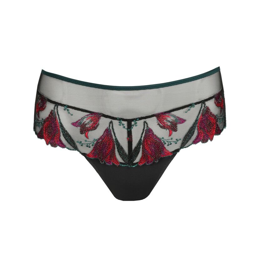 Marie Jo Yoly Luxury Thong Brief in Jewel Green with fuchsia embroidery and lace trim, sheer panels and delicate detailing.