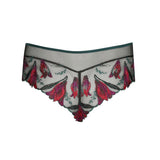 Marie Jo Yoly Luxury Thong Brief in Jewel Green with fuchsia embroidery and lace trim, sheer panels and delicate detailing.