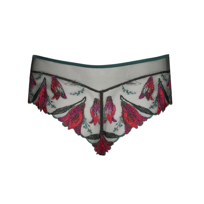 Marie Jo Yoly Luxury Thong Brief in Jewel Green with fuchsia embroidery and lace trim, sheer panels and delicate detailing.
