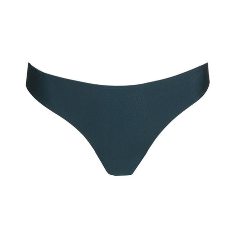 Flat lay of Tom Mini Thong Brief in dark emerald green, featuring textured fabric and modern design