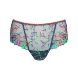 Flat lay of PrimaDonna Las Salinas Thong – vibrant neon floral embroidery in lime, coral, and purple on fine mesh.