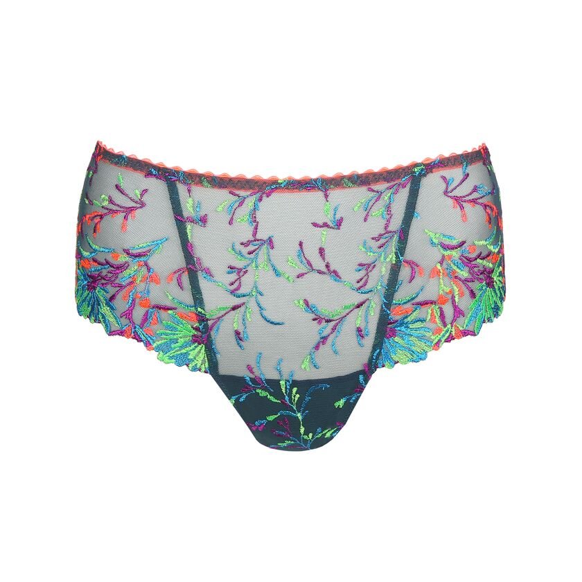 Flat lay of PrimaDonna Las Salinas Thong – vibrant neon floral embroidery in lime, coral, and purple on fine mesh.
