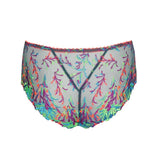 Back view flat lay of Las Salinas Thong – transparent mesh and colourful thread detail highlighting the design.