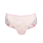 Mohala Luxury Thong Brief pastel pink flat lay from The Foundation, showing off the lace texture and embroidered front panel