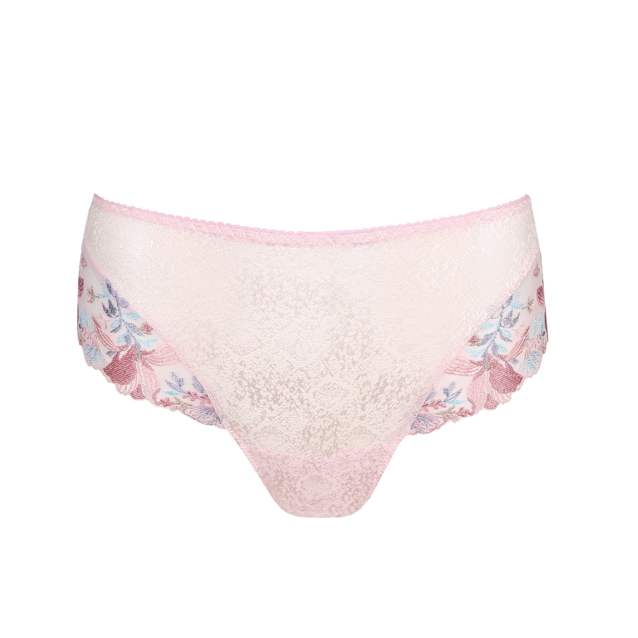 Mohala Luxury Thong Brief pastel pink flat lay from The Foundation, showing off the lace texture and embroidered front panel