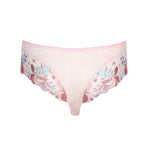 Back flat lay of Mohala Luxury Thong Brief pastel pink by The Foundation, displaying the wide embroidery and delicate lace finish
