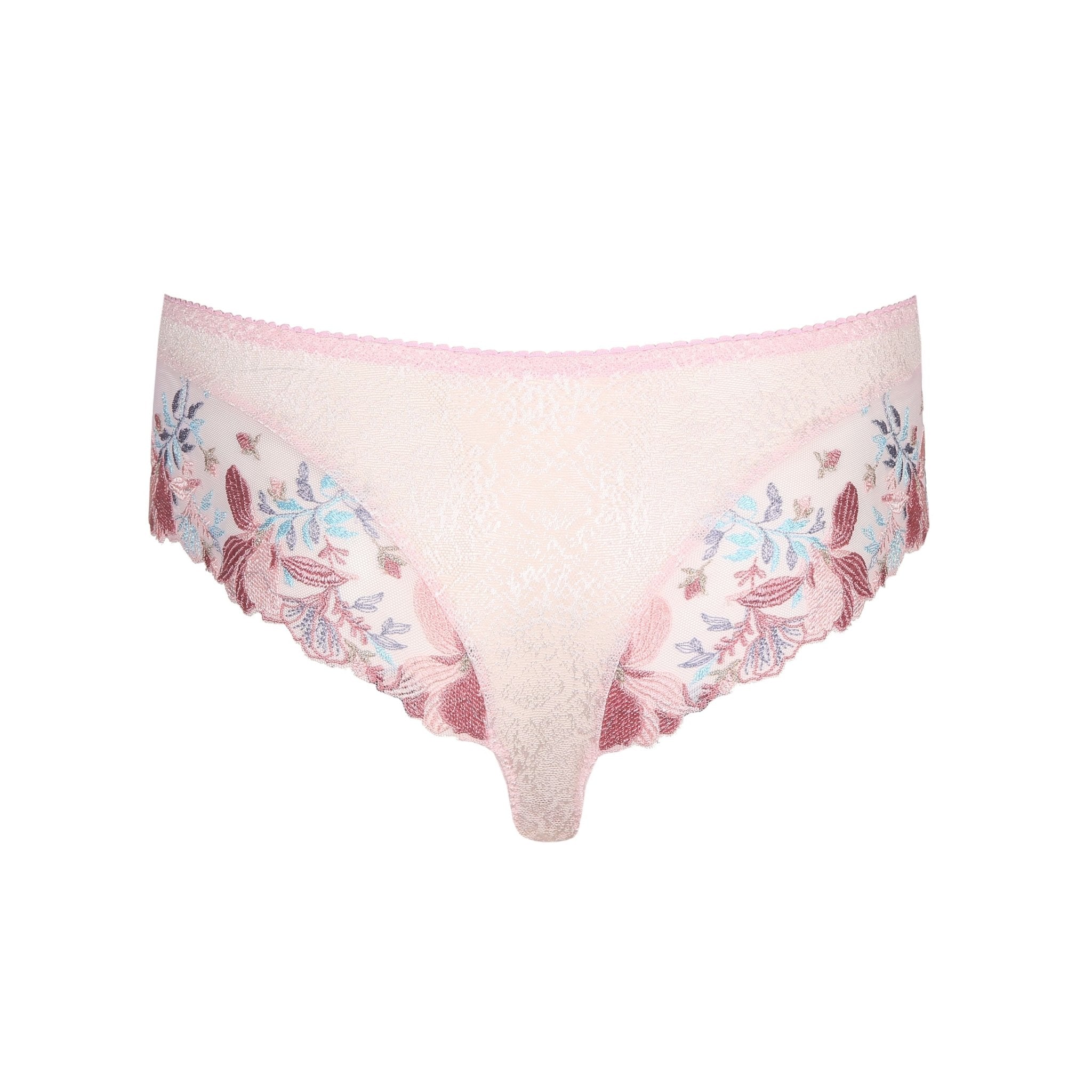 Back flat lay of Mohala Luxury Thong Brief pastel pink by The Foundation, displaying the wide embroidery and delicate lace finish