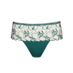 PrimaDonna Springdale Luxury Thong Briefs in Jasper Green with embroidered front, high waist panel, and sheer tulle back.