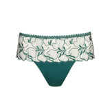 PrimaDonna Springdale Luxury Thong Briefs in Jasper Green with embroidered front, high waist panel, and sheer tulle back.