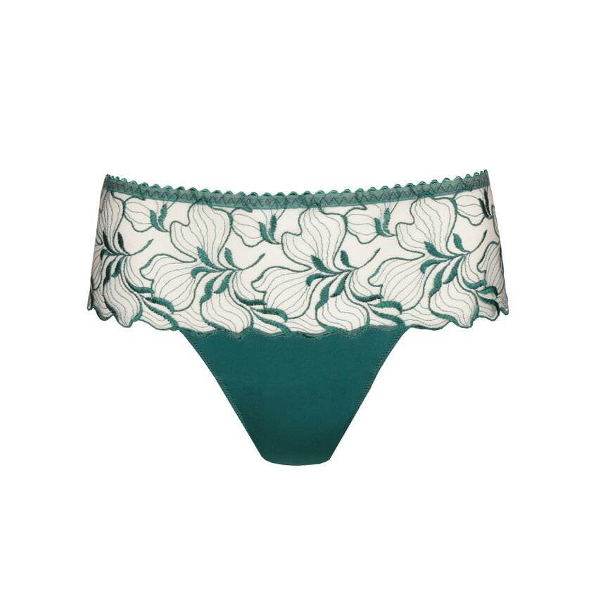 PrimaDonna Springdale Luxury Thong Briefs in Jasper Green with embroidered front, high waist panel, and sheer tulle back.