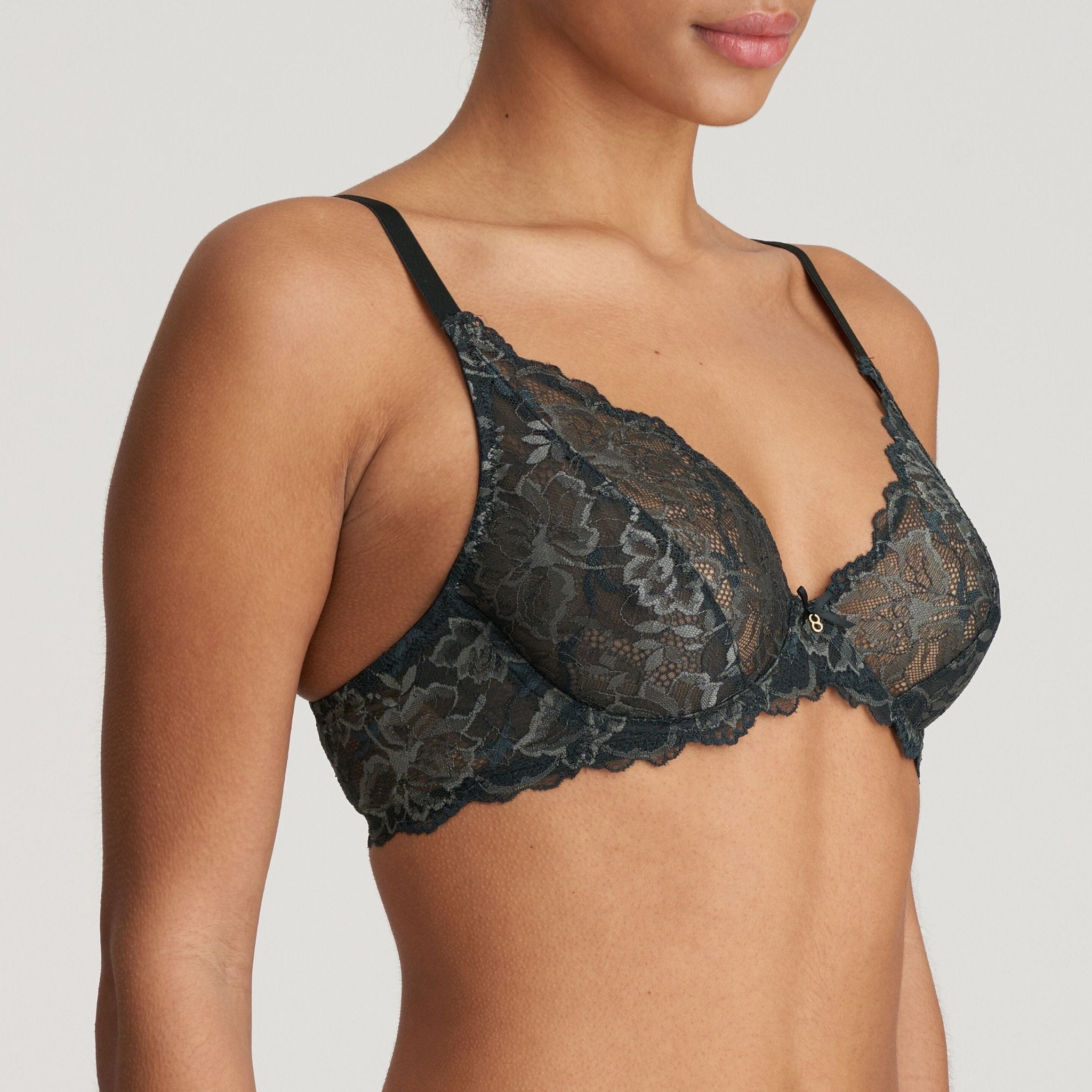 Side view of the Manyla Plunge Bra Night Grey by Marie Jo, soft, supportive, and beautifully laced.