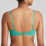 Back view of the vivid green Melipha Bra with double strap design and lace band detailing.