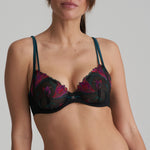 Marie Jo Yoly Heart Shaped T-Shirt Bra in Jewel Green with fuchsia lace, lightly padded with embroidered cups and bold contrast trims.