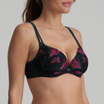 Marie Jo Yoly Heart Shaped T-Shirt Bra in Jewel Green with fuchsia lace, lightly padded with embroidered cups and bold contrast trims.