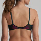 Marie Jo Yoly Heart Shaped T-Shirt Bra in Jewel Green with fuchsia lace, lightly padded with embroidered cups and bold contrast trims.