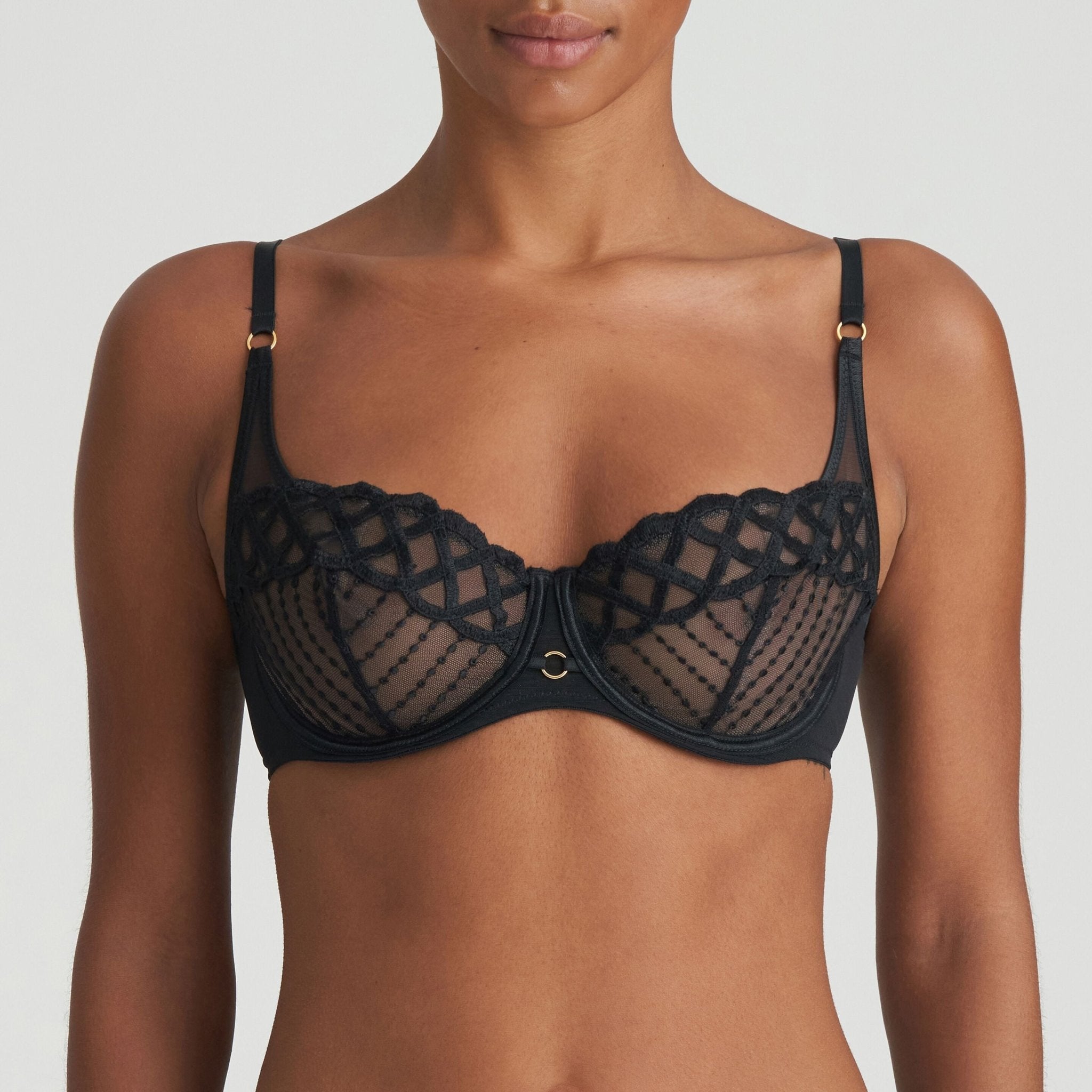 Front view of Jhana Balcony Bra Black from The Foundation, featuring striking graphic lace and demi cup shape for a modern, wow-factor look