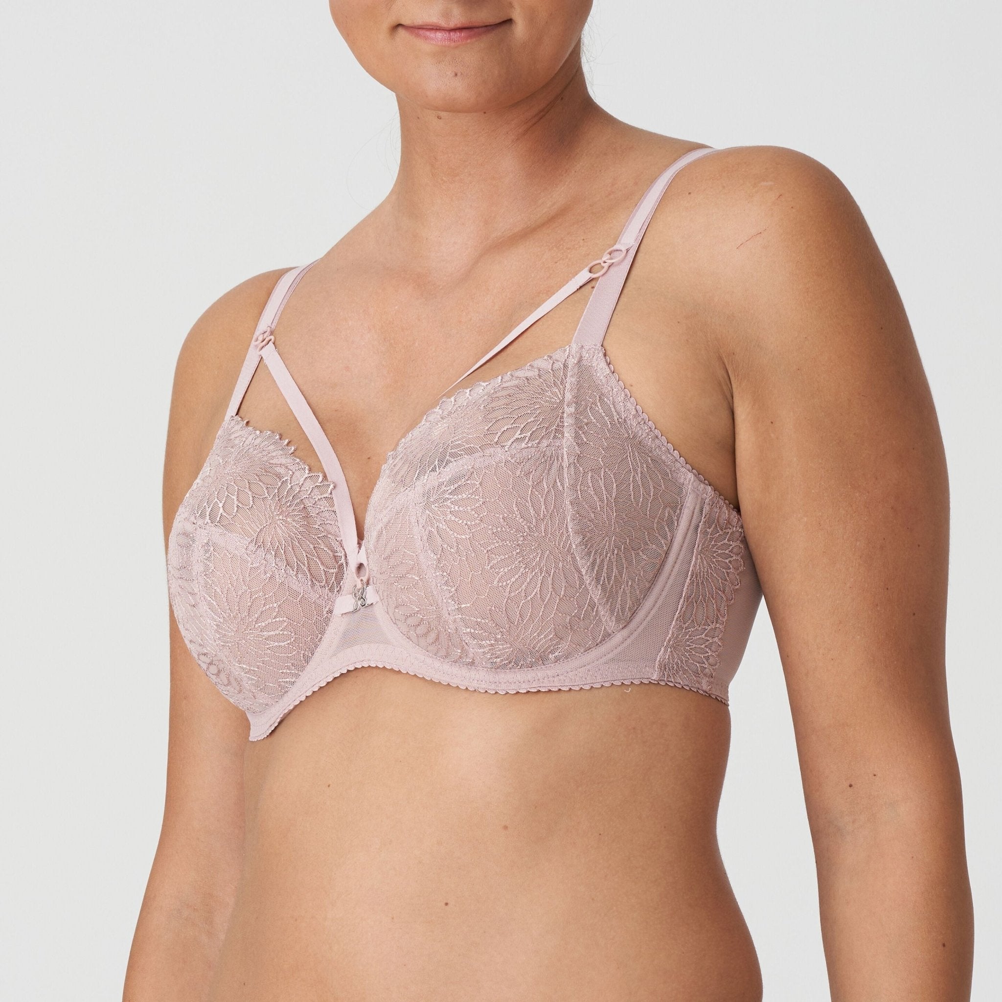 Side angle of PrimaDonna Sophora Full Cup Bra Bois De Rose on model, highlighting supportive fit and elegant sheer detailing, as seen at The Foundation.