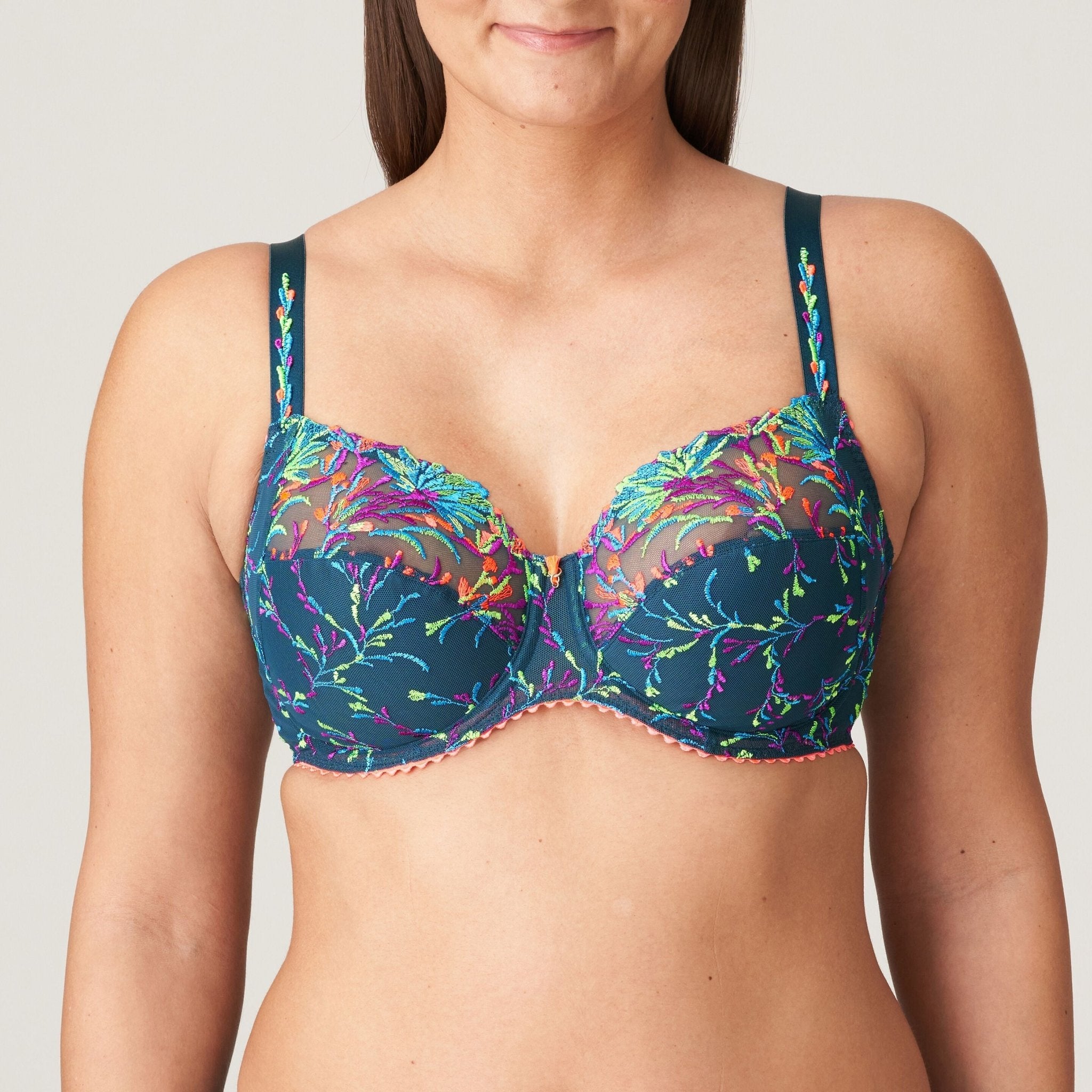 Las Salinas Empire Green Full Cup Bra by PrimaDonna – vibrant neon embroidery on sheer mesh, front view on model.