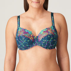 Las Salinas Empire Green Full Cup Bra by PrimaDonna – vibrant neon embroidery on sheer mesh, front view on model.