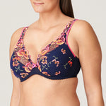 Devdaha Plunge Bra in Velvet Blue – PrimaDonna lingerie with bold floral embroidery and padded cups, shown from side angle.