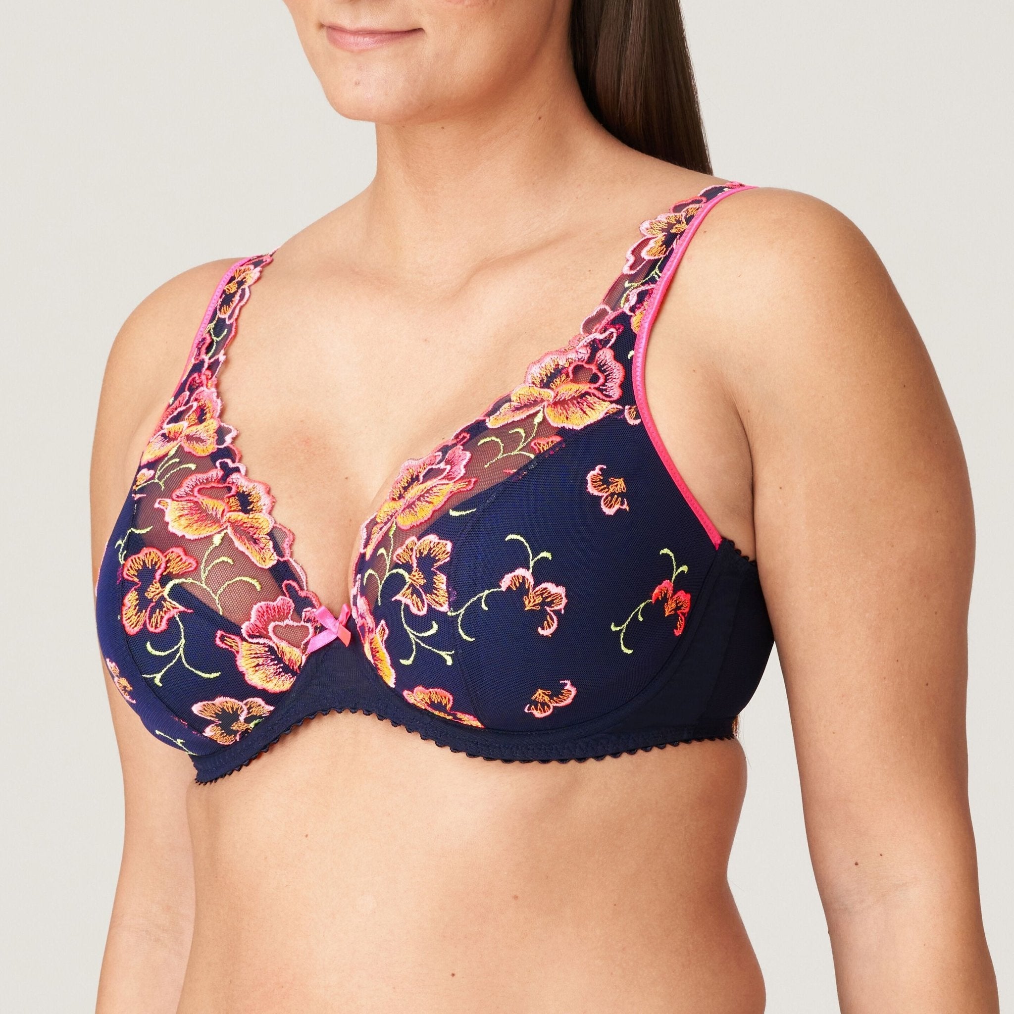 Devdaha Plunge Bra in Velvet Blue – PrimaDonna lingerie with bold floral embroidery and padded cups, shown from side angle.