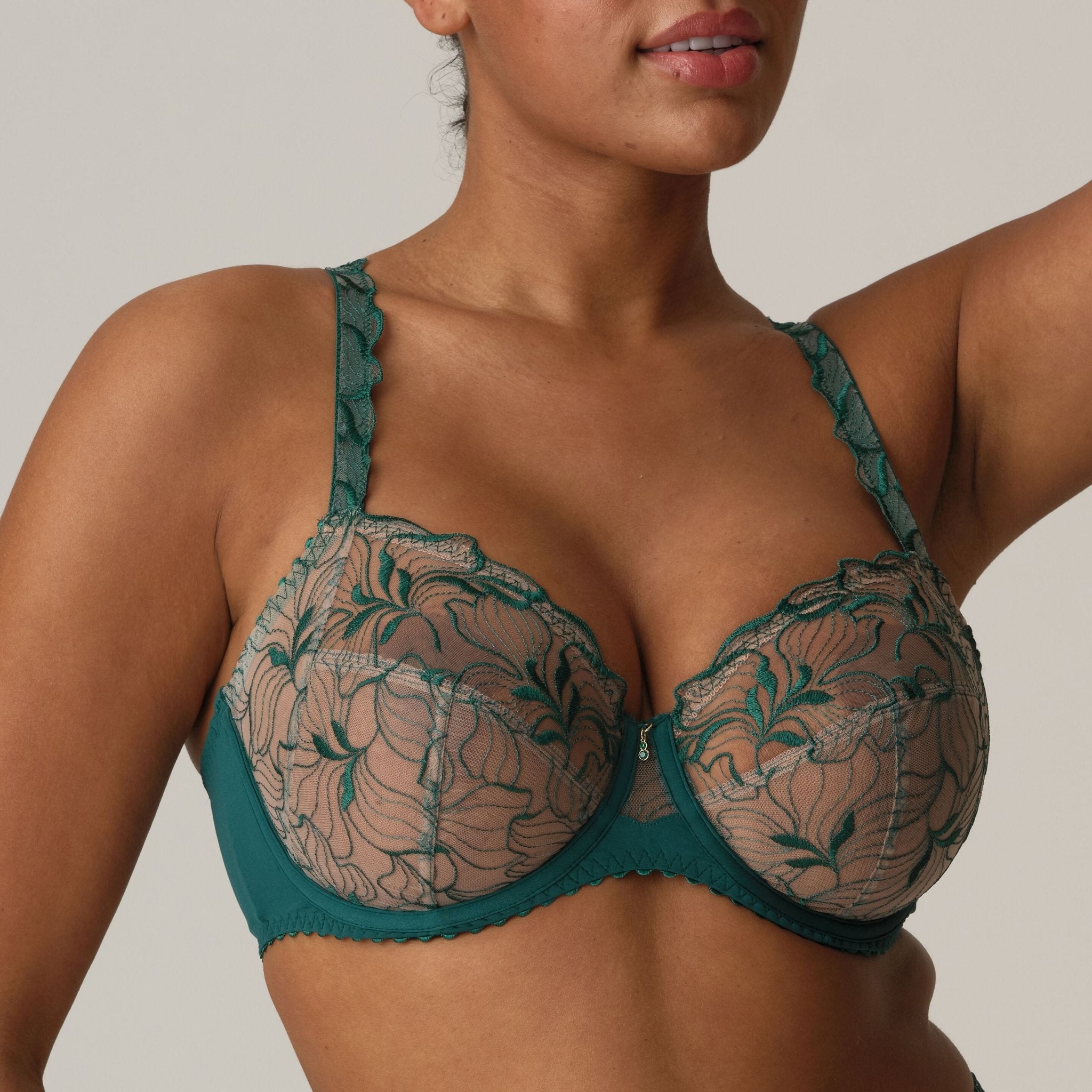 PrimaDonna Springdale Full Cup Bra in Jasper Green with light embroidery overlay, supportive cups, and underwire lift.