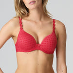 Close up of Marie Jo Avero Padded Heart Shape Bra Scarlet highlighting sleek check fabric and romantic daisy straps.