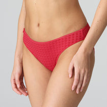 Front view of Marie Jo Avero Rio Brief Scarlet on model showing classic checked fabric and mid-rise bikini fit.