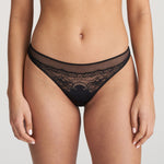 Front view of Junoo Rio Brief Black from The Foundation, showing sheer mesh panels, delicate Italian lace, and a flattering high-leg cut