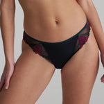 Marie Jo Yoly Rio Brief in Jewel Green with shimmery fabric and floral embroidery, featuring a broader back band for a smooth fit.