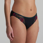 Marie Jo Yoly Rio Brief in Jewel Green with shimmery fabric and floral embroidery, featuring a broader back band for a smooth fit.