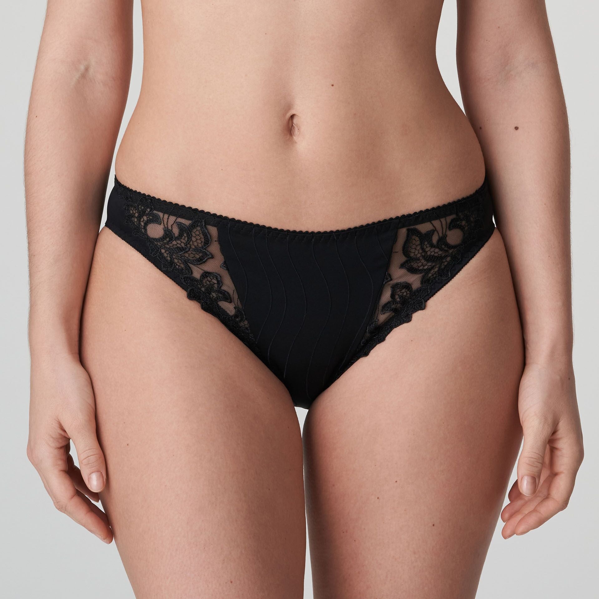 Front view of PrimaDonna Deauville Rio Brief Black, featuring luxurious embroidery and flattering mid-rise fit.