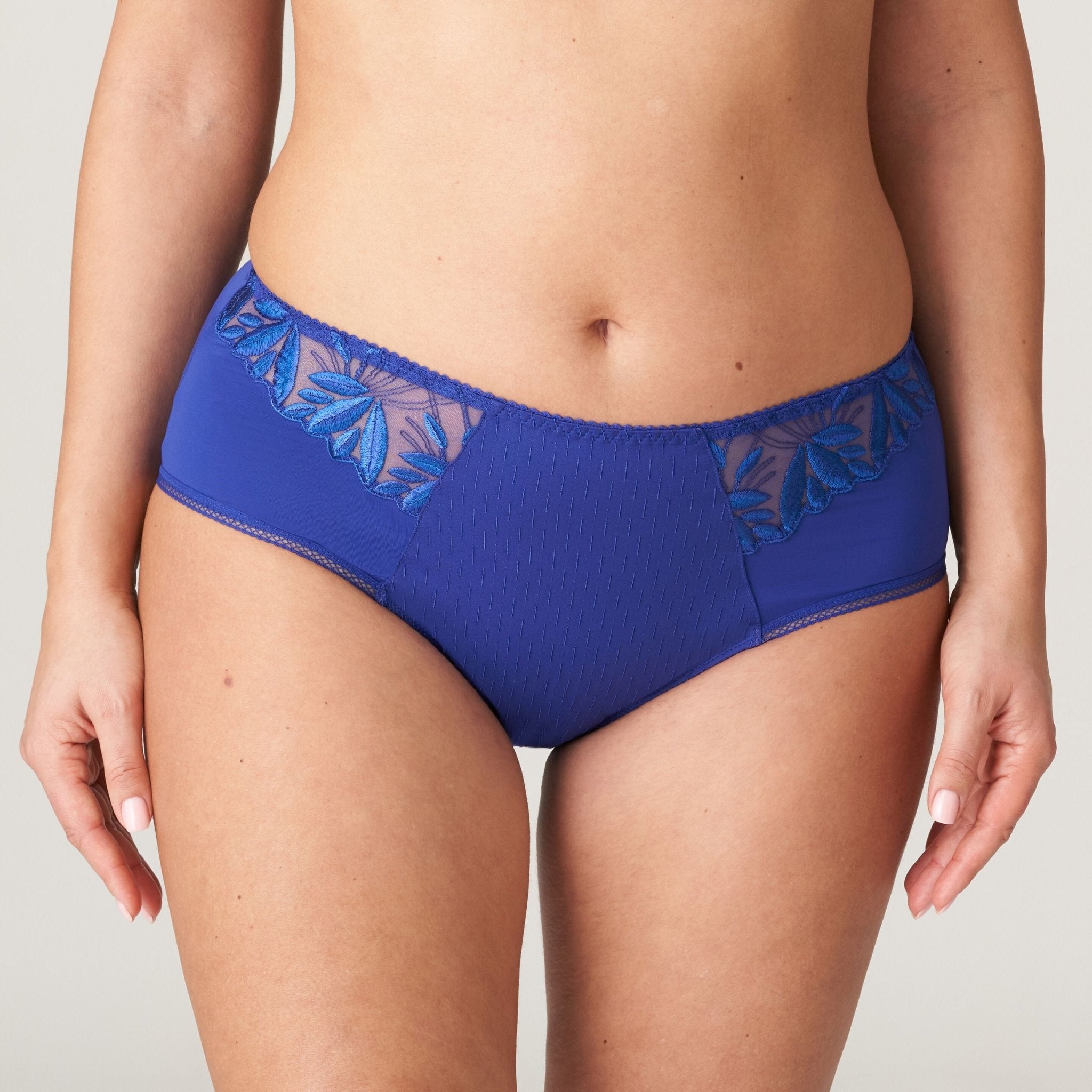  Front view of PrimaDonna Orlando Full Briefs in Crazy Blue, high waist, full coverage with sheer embroidered details.