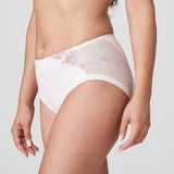 Side view of Mohala Full Briefs pastel pink from The Foundation, highlighting the seamless finish and feminine lace detail