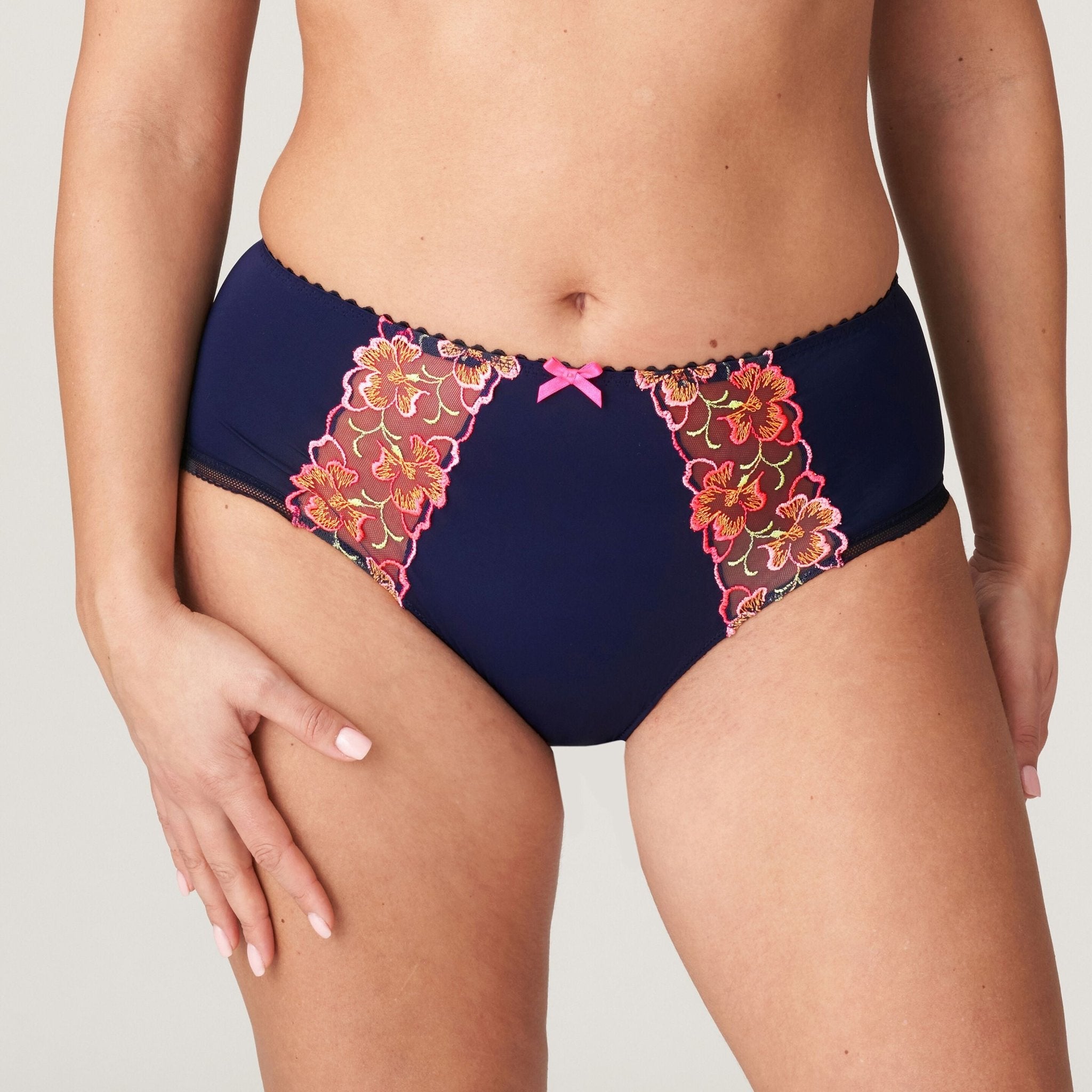 Devdaha Full Brief by PrimaDonna – front close-up showing vibrant floral embroidery and elastic trim in Velvet Blue.