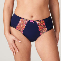 Devdaha Full Brief by PrimaDonna – front close-up showing vibrant floral embroidery and elastic trim in Velvet Blue.