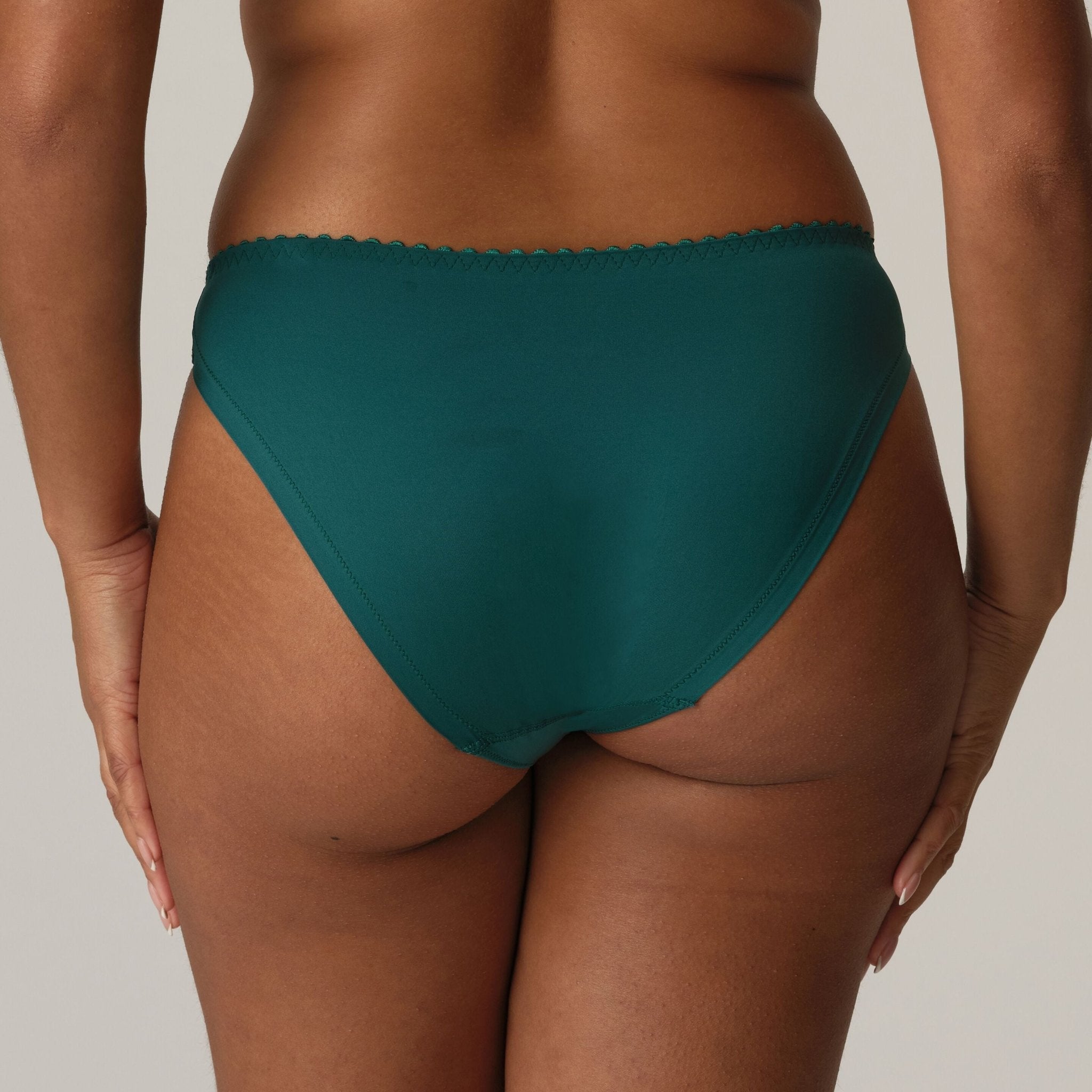 PrimaDonna Springdale Rio Bikini Briefs in Jasper Green with embroidered front panel, seamless edges, and full back coverage.