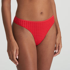 Front view of the Marie Jo Avero Thong Brief in Scarlet showing comfortable G-string style and signature check pattern.