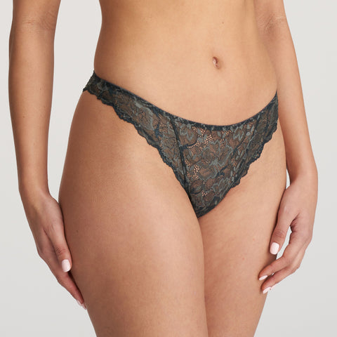 Marie Jo Manyla Thong Brief in Night Grey, showcasing soft lace in a flattering, romantic cut.
