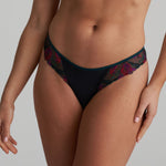 Marie Jo Yoly Thong Brief in Jewel Green with floral embroidery, tulle back, and microfiber front panel.