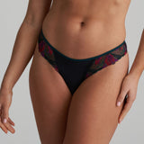 Marie Jo Yoly Thong Brief in Jewel Green with floral embroidery, tulle back, and microfiber front panel.
