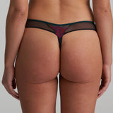 Marie Jo Yoly Thong Brief in Jewel Green with floral embroidery, tulle back, and microfiber front panel.
